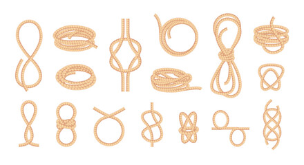 Knotted ropes. Looped bowknot twisted curve straight fiber thread, braided cord knot string tie elements cartoon flat style. Vector isolated collection of bowknot jute texture illustration