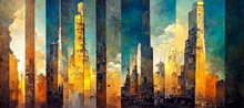 Abstract Painting Concept. Colorful Art In Golden Tones With Skyscrapers. Cityscape. Digital Art Image.