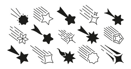 Poster - Shooting star icons. Abstract falling symbols with sparkle trail, set of comet meteorite silhouettes different shapes simple design. Vector isolated collection of star symbol shooting illustration
