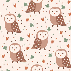 Wall Mural - Seamless pattern with cute hand drawn owls, hearts and leaves. Vector illustration.