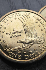 Wall Mural - american coins closeup lie on dark surface of office table. soaring eagle sacagawea dollar coin. us 