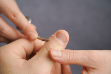 Men's Manicure At Home. Cut Fingernails. Fingernails Close-up. Untrimmed Nails, Burrs On The Fingers, Untidy Manicure.