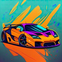  A Car Is Shown In A Colorful Painting Style With A Blue Background And A Yellow Background With A Purple And Orange Car.