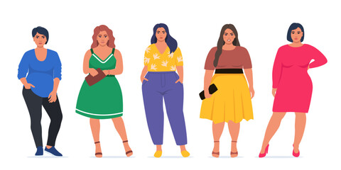Body positive people. Plus size female characters, attractive curvy, overweight group. Oversize obesity, pretty large lady. women plus size in beautiful fashionable clothes. Vector illustrations.