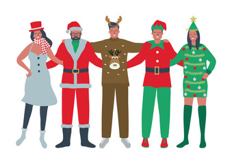Wall Mural - Christmas party. Young people wearing Christmas costumes. Best friends stand together and hug. There is Santa Claus, Christmas tree, Elf, Snowman and Deer in the picture. Vector illustration