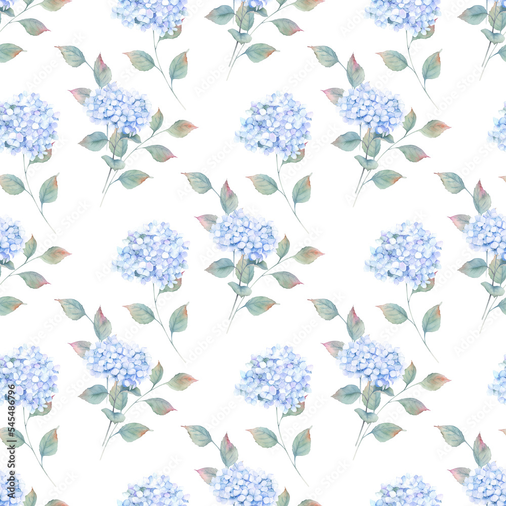Watercolor seamless pattern witn hortensia, hydrangea. Hand drawn ...