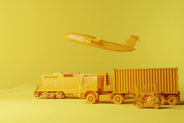 Wall Mural - A forklift truck, a truck, plane and train on a solid background. Concept of transporting heavy materials. Global material transport. 3d render, 3d illustration.