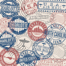 Charlotte, NC, USA Set Of Stamps. Travel Stamp. Made In Product. Design Seals Old Style Insignia.
