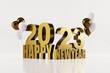 © Sebastian - The number 2023, the new year. New Year, Happy New Year concept. Golden number 2023 on a light background. 3D render, 3D illustration.