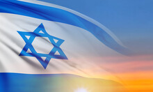National Flag Of Israel On Background Of A Sunset Or Sunrise. National Holidays Background