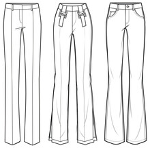 Women's Boot Cut Flare Pants Trouser Flat Sketch Fashion Illustration Front View, Slim Fit Wide Leg Bootcut Pant Design Vector Template Mockup