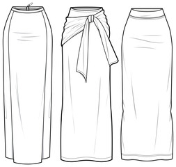 women column skirt flat sketch vector illustration, set of womens long full length skirt for casual 