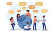 Young people chatting in foreign languages. Vector illustration for web banner, infographics, mobile. Male and female cartoon characters speaking different languages.