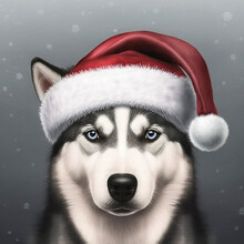 Illustration Of A Cute Husky Wearing A Santa Hat