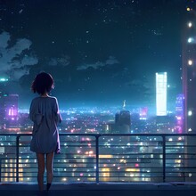 Cute Anime Woman Looking At The Cityscape By Night Time. A Sad, Moody. Manga, Lofi Style. 3d Rendering
