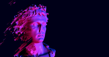 3D illustration of head of statue overlay with pixel effect and glitch noise. Neon colors ultraviolet and white. Concept for Arts and blockchain system, the NFT Non-fungible tokens and Arts. AI Artist