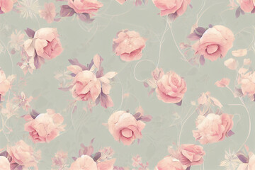 Vintage pink flowers on blue background, seamless pattern