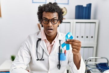 Poster - African doctor man holding blue ribbon scared and amazed with open mouth for surprise, disbelief face