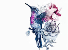 Beautiful Tropical Bird On Exotic Flowers In Vintage Style, Hummingbirds On White Background. Elegant Tattoo Design. Tattoo Style, Boho Design. 