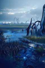 Wall Mural - A 3d digital rendering of a marsh with dead trees and blue light.