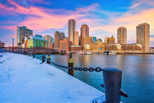 Boston Skyline, Financial District And Harbor At Sunrise In Winter, Boston, MA, USA