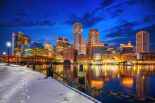 Boston Skyline, Financial District And Harbor At Winter Night, Boston, MA, USA