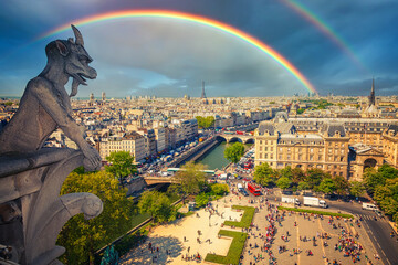 Sticker - Rainbow over Gargoyle on Notre Dame Cathedral, Paris, France