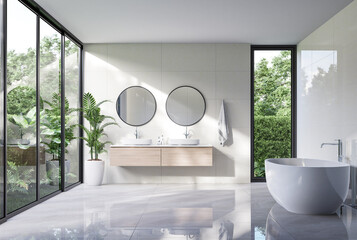 Wall Mural - Modern luxury white bathroom with tropical style garden view 3d render,There are marble floor decorated with wooden sink counter sunlight shine into the room