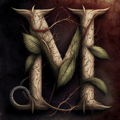 Ai generated image of the letter M with vines, feathers and greenery 