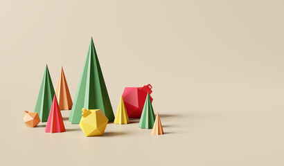 Christmas composition, geometry decoration on cream color background. 3d rendering