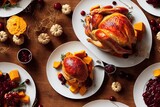 Fototapeta  - Thanksgiving Turkey Dinner, Pumpkin and Apple Pie, Cranberry, Stuffing, Mashed Potatoes, Gravy, Pumpkins, Yams Seamless Texture Pattern Tiled Repeatable Tessellation Background Image