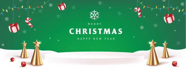 Wall Mural - christmas banner winter landscape green background and snow product display cylindrical shape