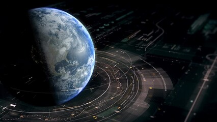 Poster - Futuristic digitally generated holographic planet Earth in 360 degree rotation for head up display and user interface design