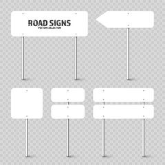 Wall Mural - Various road, traffic signs. Highway signboard on a chrome metal pole. Blank white board with place for text. Directional signage and wayfinder. Information sign mockup. Vector illustration