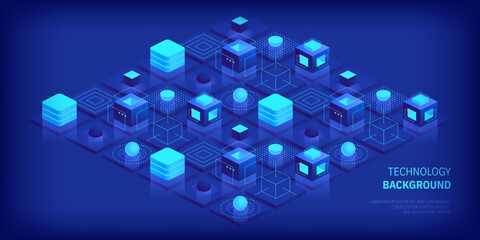 Poster - Futuristic abstract technology and communication network background. Conveying connectivity, complexity and data flood. Vector isometric technology connection digital data and big data concept.