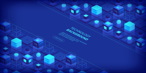 Poster - Futuristic abstract technology and communication network background. Conveying connectivity, complexity and data flood. Vector isometric technology connection digital data and big data concept.