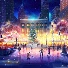 Christmas Ice Rink In The Center Of New York On Christmas Night