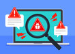 Malware detected on laptop. System security warning alert. Cybercrime, vulnerability, hack, or antivirus concept. Computer virus, ransomware, or bug. Flat cartoon icon vector. Technology illustration.