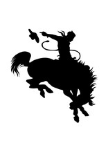 Silhouette Of Cowboy Riding Wild Horse With His Hat Falling Down. Traditional Texas Symbol. Wild West Concept. Black Illustration Isolated On Transparent Background. PNG.