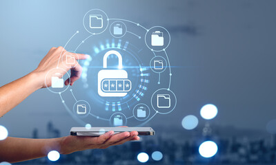Poster - Businesswoman holding smartphone with digital interface with holograms of padlock