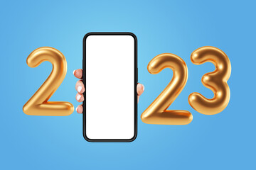 Poster - Woman hand showing a phone with mockup blank display, 2023 year