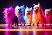 Colorful Yorkshire Terrier Dogs Dance On Pop Art  Lighting Cyberpunk Style.
