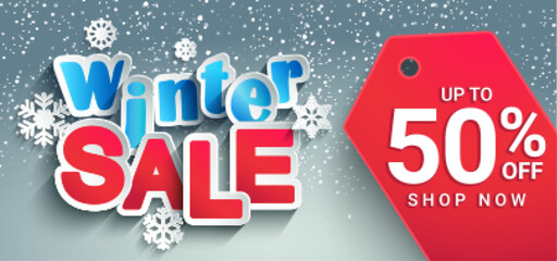 Wall Mural - Winter sale banner with snowflakes in paper style against snowfall and red tag element with promotion 50 percent discount. Great template for new year and christmas sales. Vector Illustration.