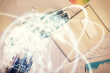 Poster - Business theme hologram drawings over computer on the desktop background. Top view. Multi exposure. Concept of international connections.