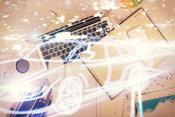 Poster - Auto pilot hologram drawing over computer on the desktop background. Top view. Double exposure. Tech concept.