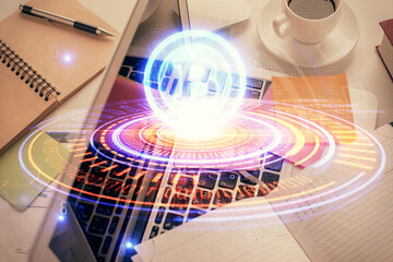Poster - Blockchain theme hologram drawings over computer on the desktop background. Top view. Multi exposure. Concept of cryptoeconomy.