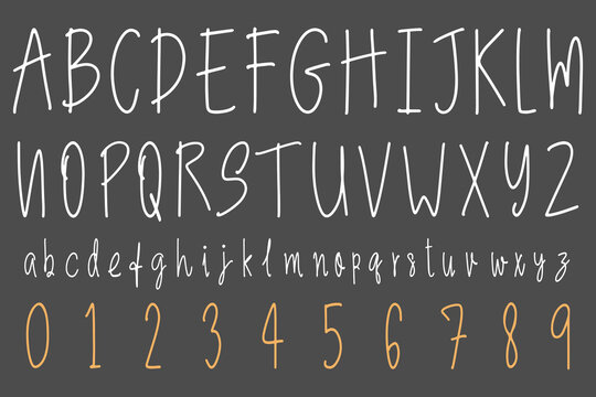 Simple decorative font handwritten, Sans Serif brush font. Isolated letters, numbers written with marker, ink. Calligraphy, lettering.