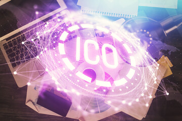 Poster - Blockchain theme hologram drawings over computer on the desktop background. Top view. Double exposure.