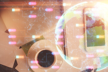 Poster - Double exposure of map hologram drawing over desktop. Top view. International connection concept.