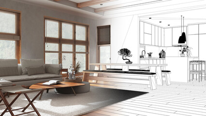 Architect interior designer concept: hand-drawn draft unfinished project that becomes real, minimalist living, dining room and kitchen. Japandi style